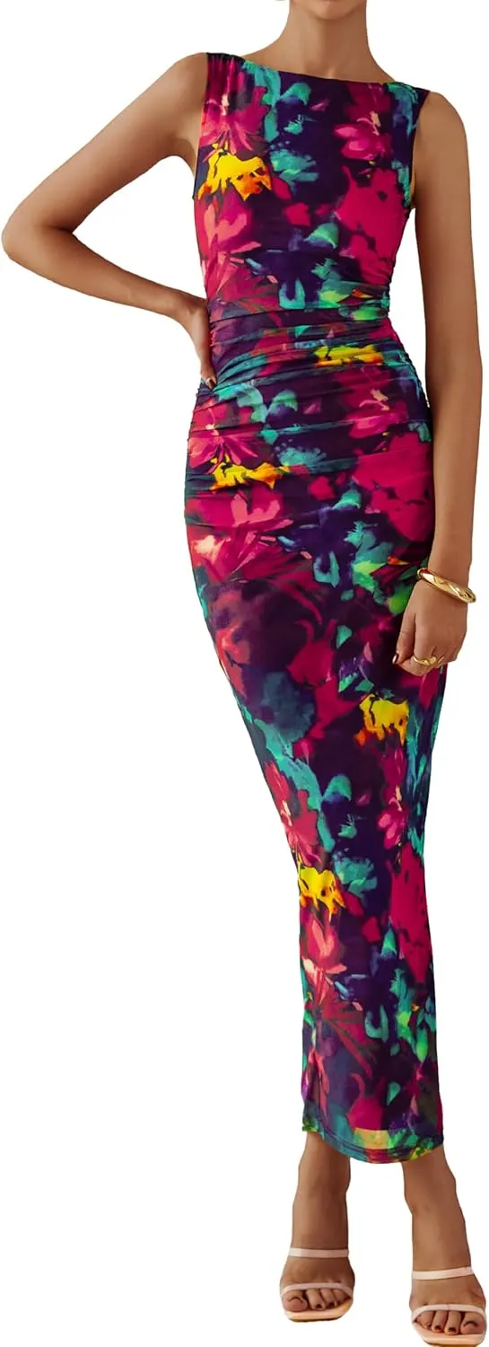 MASCOMODA Spring Summer Side Slit Sleeveless Long Maxi Dress for Women 2025 Floral Mesh Ruched Bodycon Cocktail Dresses