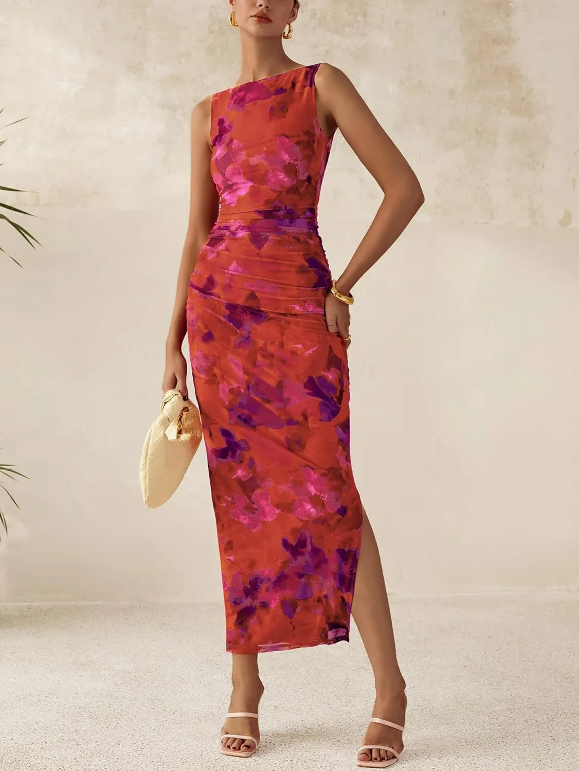 MASCOMODA Spring Summer Side Slit Sleeveless Long Maxi Dress for Women 2025 Floral Mesh Ruched Bodycon Cocktail Dresses