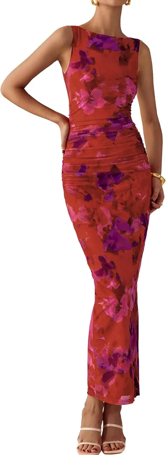 MASCOMODA Spring Summer Side Slit Sleeveless Long Maxi Dress for Women 2025 Floral Mesh Ruched Bodycon Cocktail Dresses