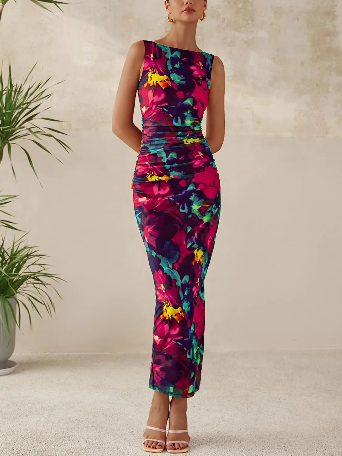 MASCOMODA Spring Summer Side Slit Sleeveless Long Maxi Dress for Women 2025 Floral Mesh Ruched Bodycon Cocktail Dresses