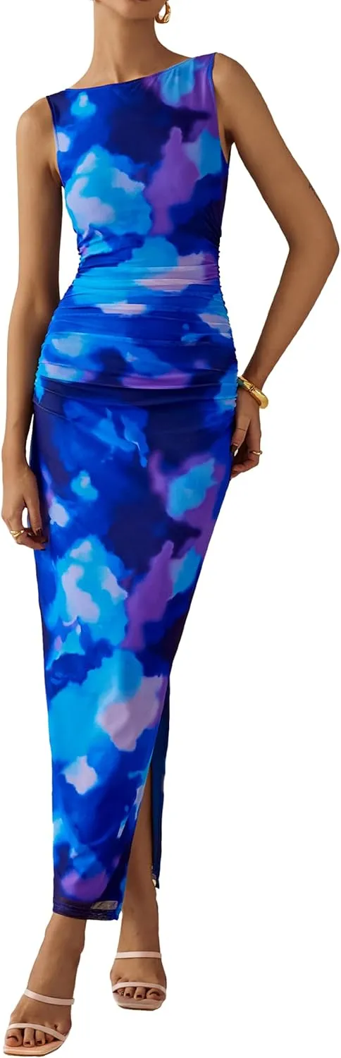 MASCOMODA Spring Summer Side Slit Sleeveless Long Maxi Dress for Women 2025 Floral Mesh Ruched Bodycon Cocktail Dresses