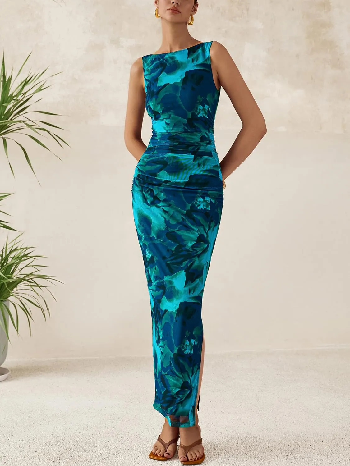 MASCOMODA Spring Summer Side Slit Sleeveless Long Maxi Dress for Women 2025 Floral Mesh Ruched Bodycon Cocktail Dresses