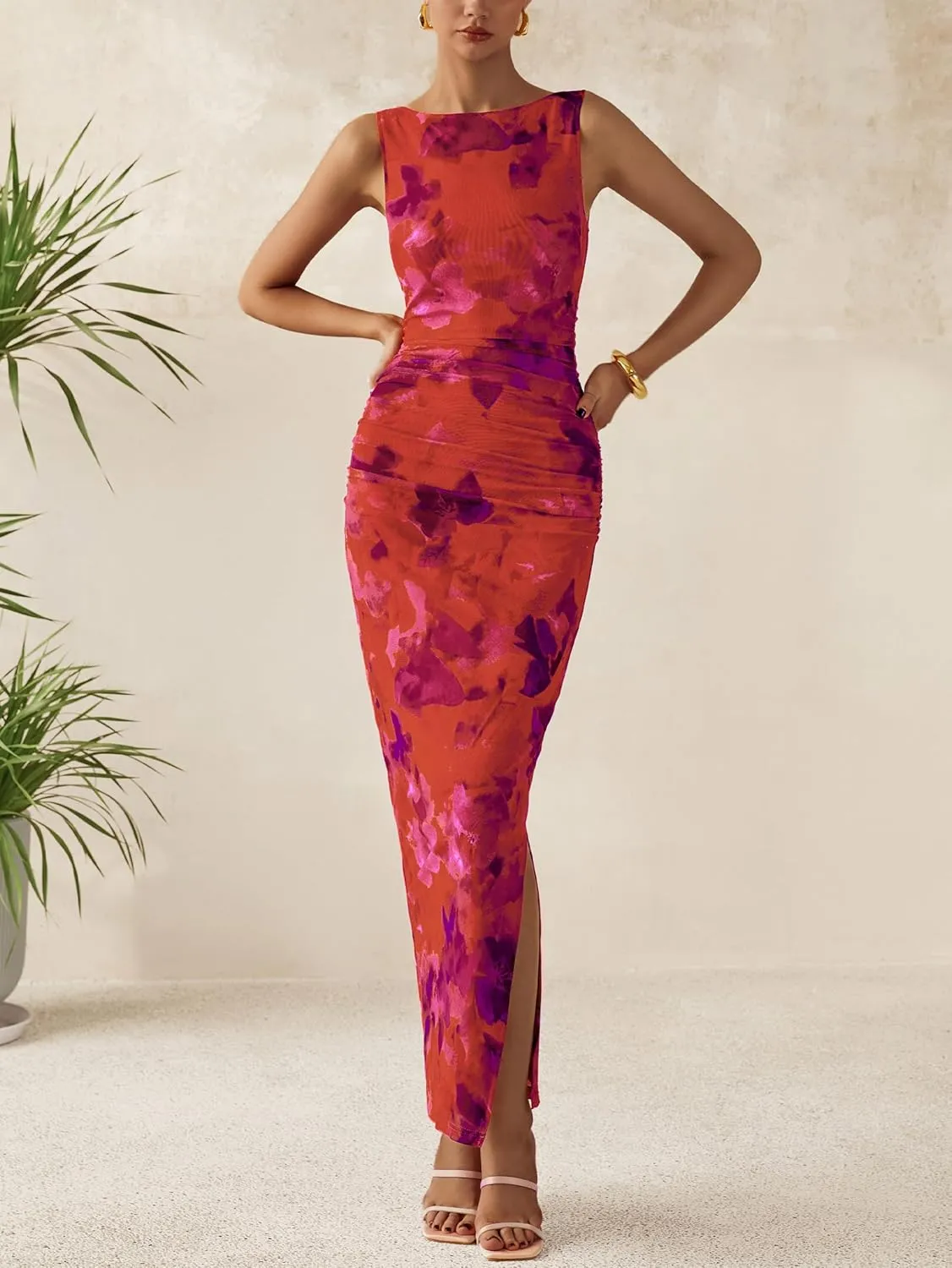 MASCOMODA Spring Summer Side Slit Sleeveless Long Maxi Dress for Women 2025 Floral Mesh Ruched Bodycon Cocktail Dresses