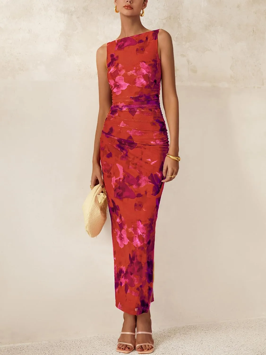 MASCOMODA Spring Summer Side Slit Sleeveless Long Maxi Dress for Women 2025 Floral Mesh Ruched Bodycon Cocktail Dresses