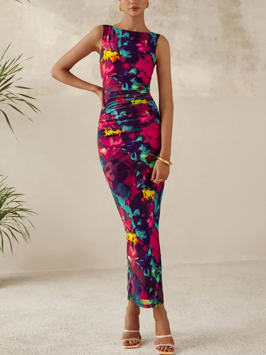 MASCOMODA Spring Summer Side Slit Sleeveless Long Maxi Dress for Women 2025 Floral Mesh Ruched Bodycon Cocktail Dresses