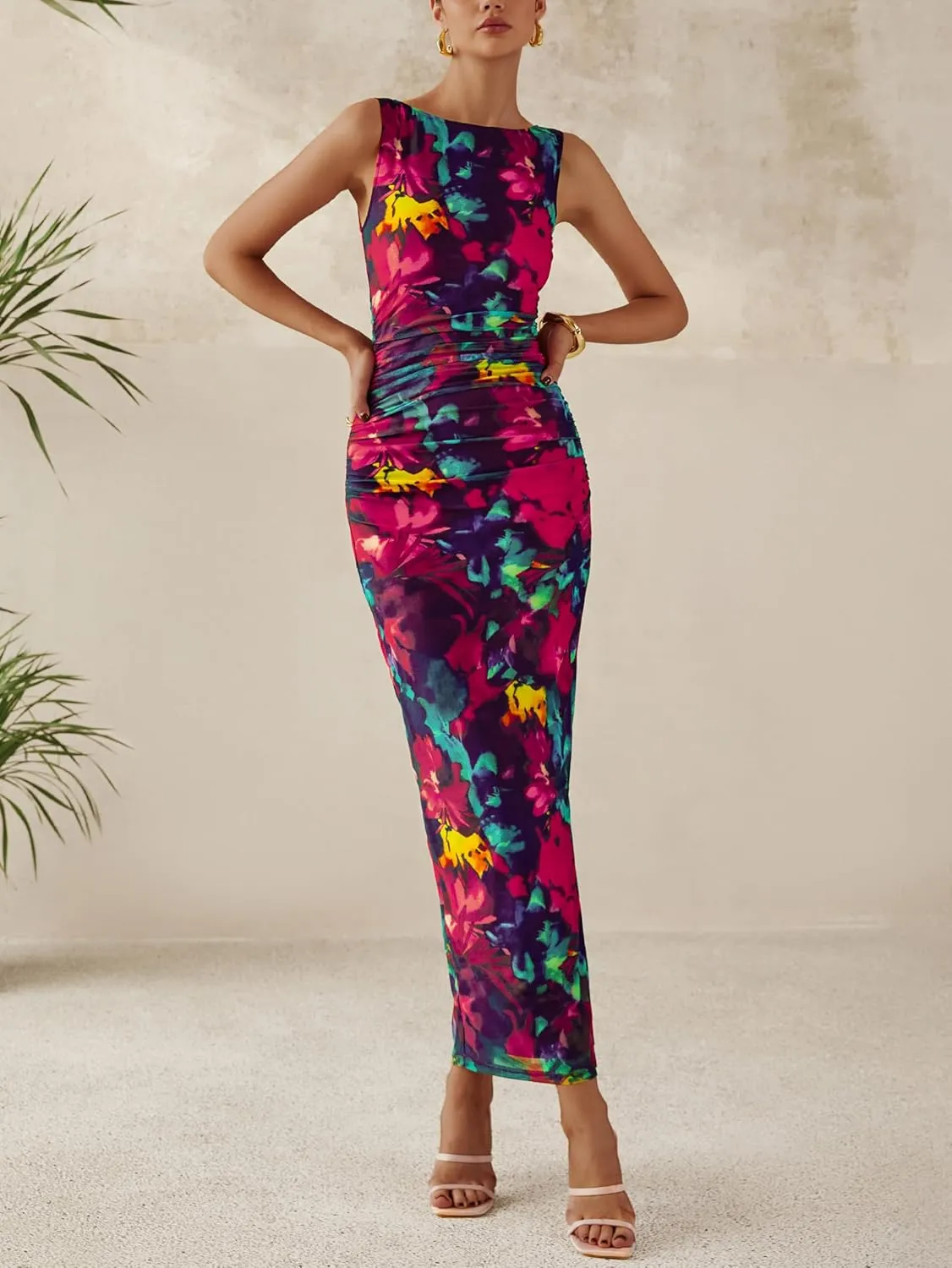 MASCOMODA Spring Summer Side Slit Sleeveless Long Maxi Dress for Women 2025 Floral Mesh Ruched Bodycon Cocktail Dresses