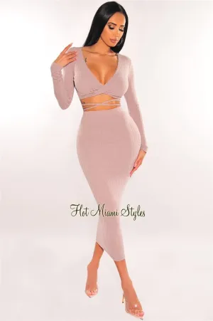 Mauve Ribbed Knit Wrap Around Skirt Two Piece Set