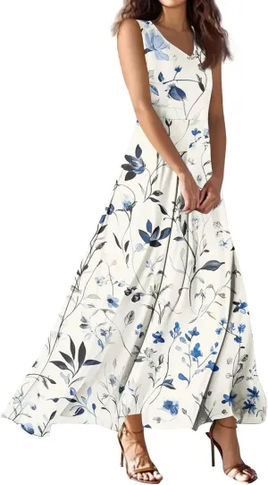 Maxi Dresses for Women 2025 Elegant Classy Floral Ruffle Flowy Swing Sleeveless V Neck Sundress A Line Dresses Frocks