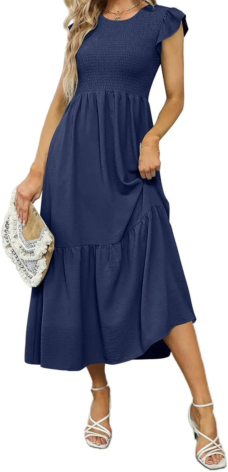 Maxi Dresses for Women 2025 Ruffle Sleeve Crewneck Maxi Casual Dressy Waist Dresses Summer Swing Modest Dress