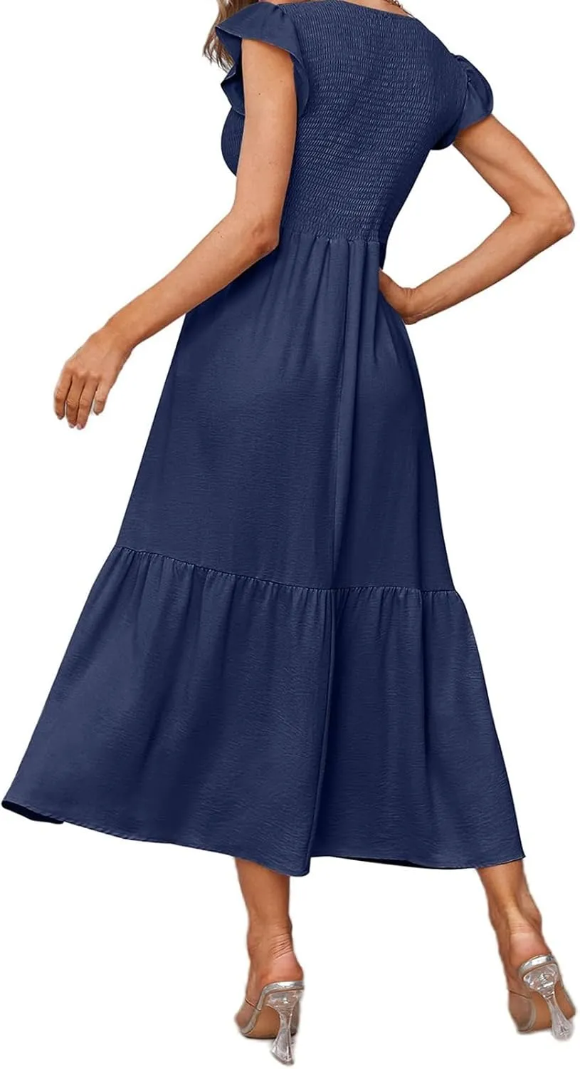 Maxi Dresses for Women 2025 Ruffle Sleeve Crewneck Maxi Casual Dressy Waist Dresses Summer Swing Modest Dress
