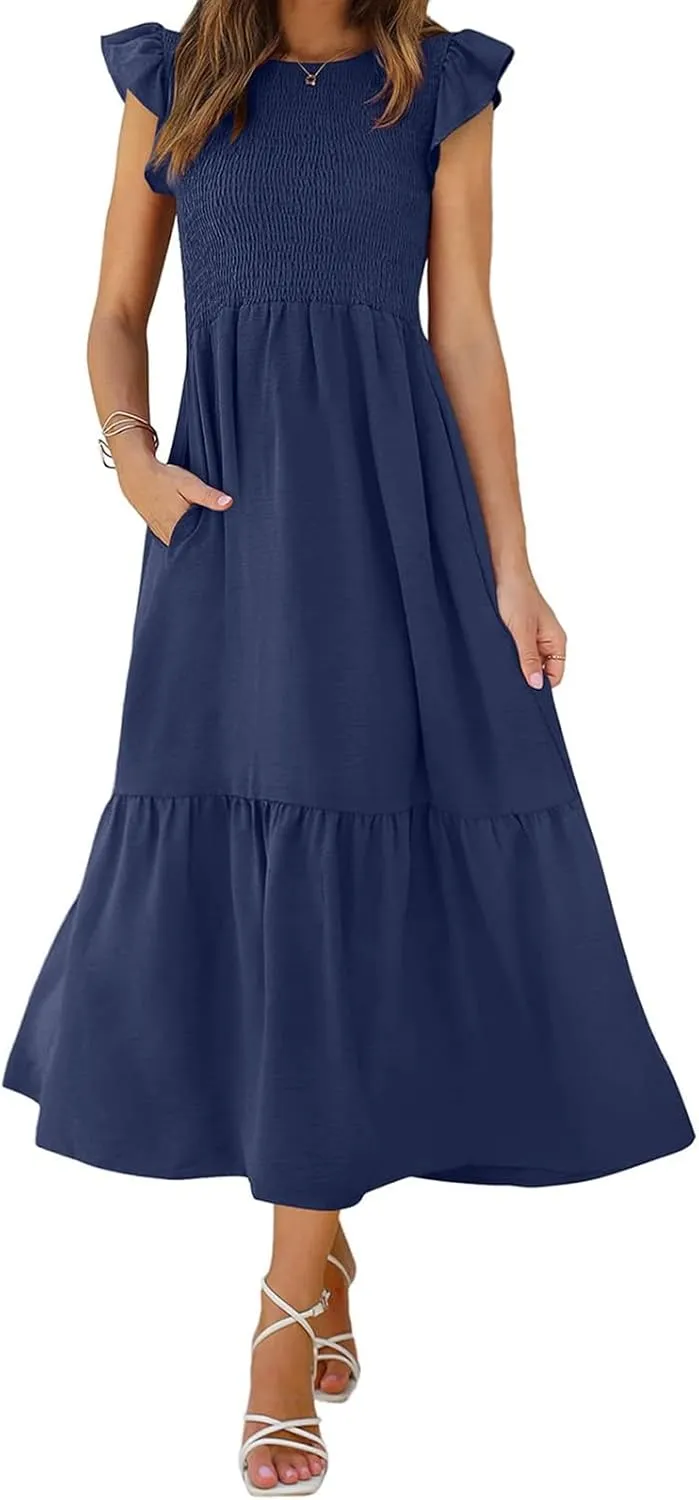 Maxi Dresses for Women 2025 Ruffle Sleeve Crewneck Maxi Casual Dressy Waist Dresses Summer Swing Modest Dress