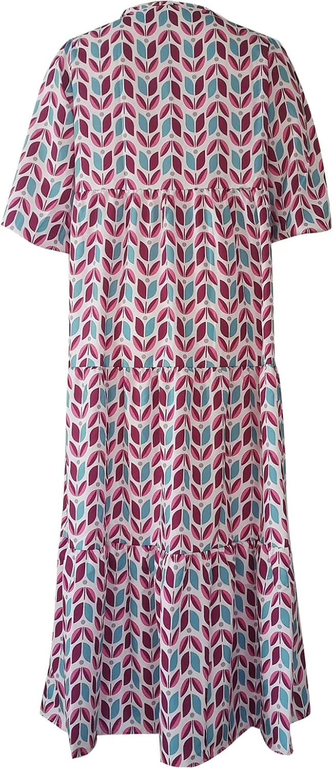 Maxi Dresses for Women 2025 Summer Casual Loose Fit Long Bohemian Dress Geometric Half Sleeve Tiered Flowy Maxi Dresses