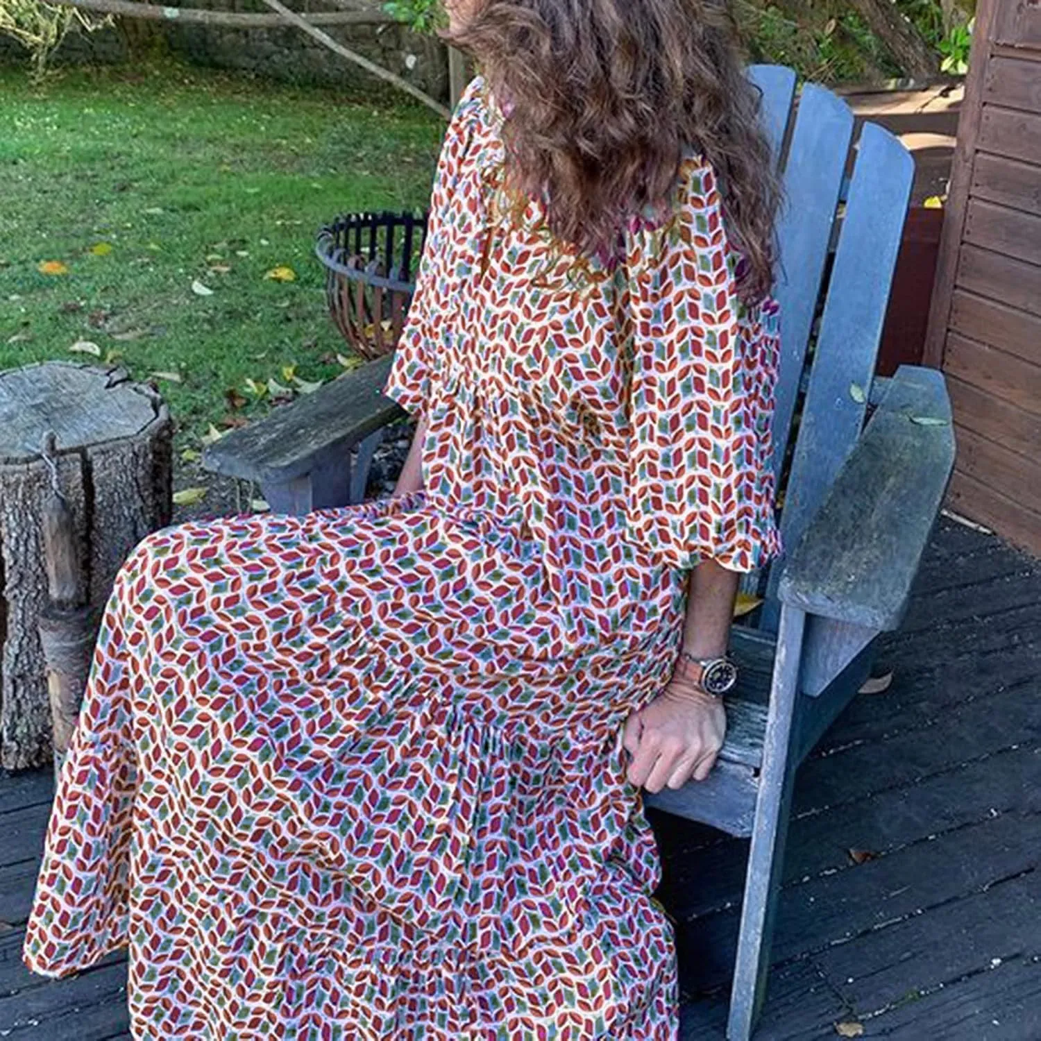 Maxi Dresses for Women 2025 Summer Casual Loose Fit Long Bohemian Dress Geometric Half Sleeve Tiered Flowy Maxi Dresses