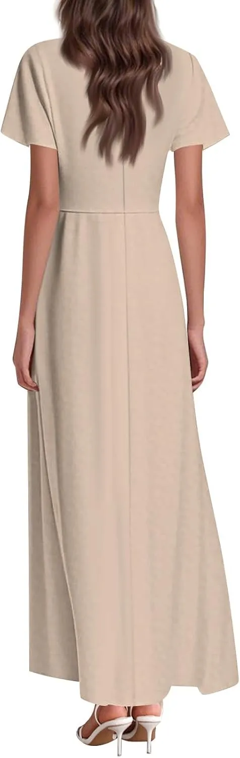 Maxi Dresses for Women 2025 Summer Floral V Neck Wrap Short Sleeve Dress Casual Flowy Elegant Wedding Guest Dresses