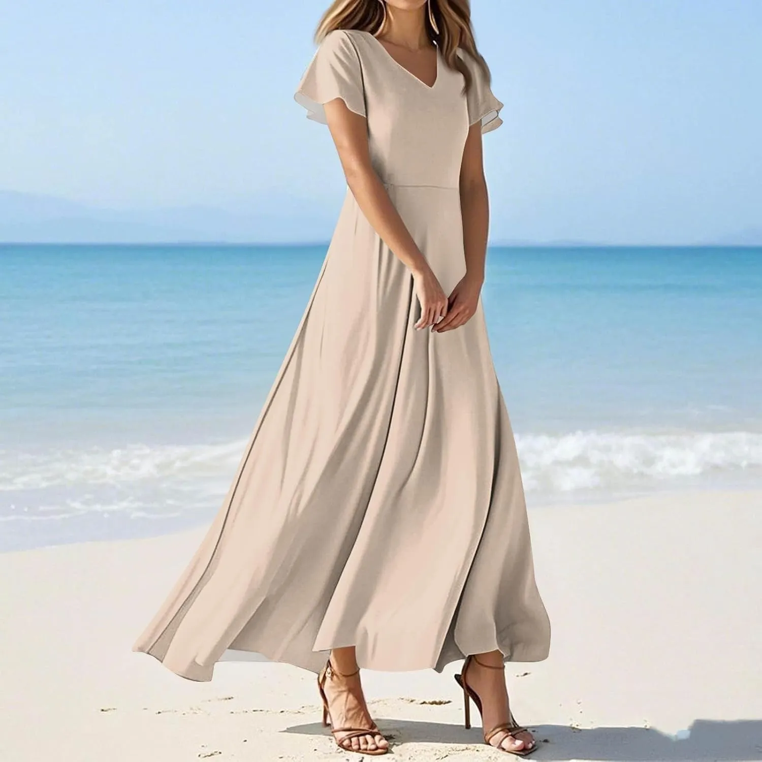 Maxi Dresses for Women 2025 Summer Floral V Neck Wrap Short Sleeve Dress Casual Flowy Elegant Wedding Guest Dresses