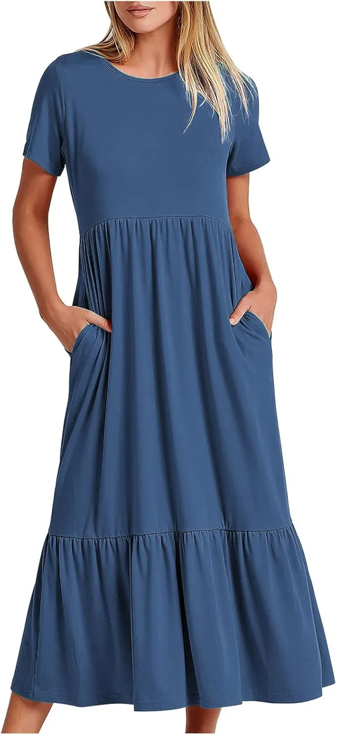 Maxi Dresses for Women 2025 Summer Short Sleeve Crewneck Maxi Dresses Ruffle Tiered Layered Swing Dress Sundress