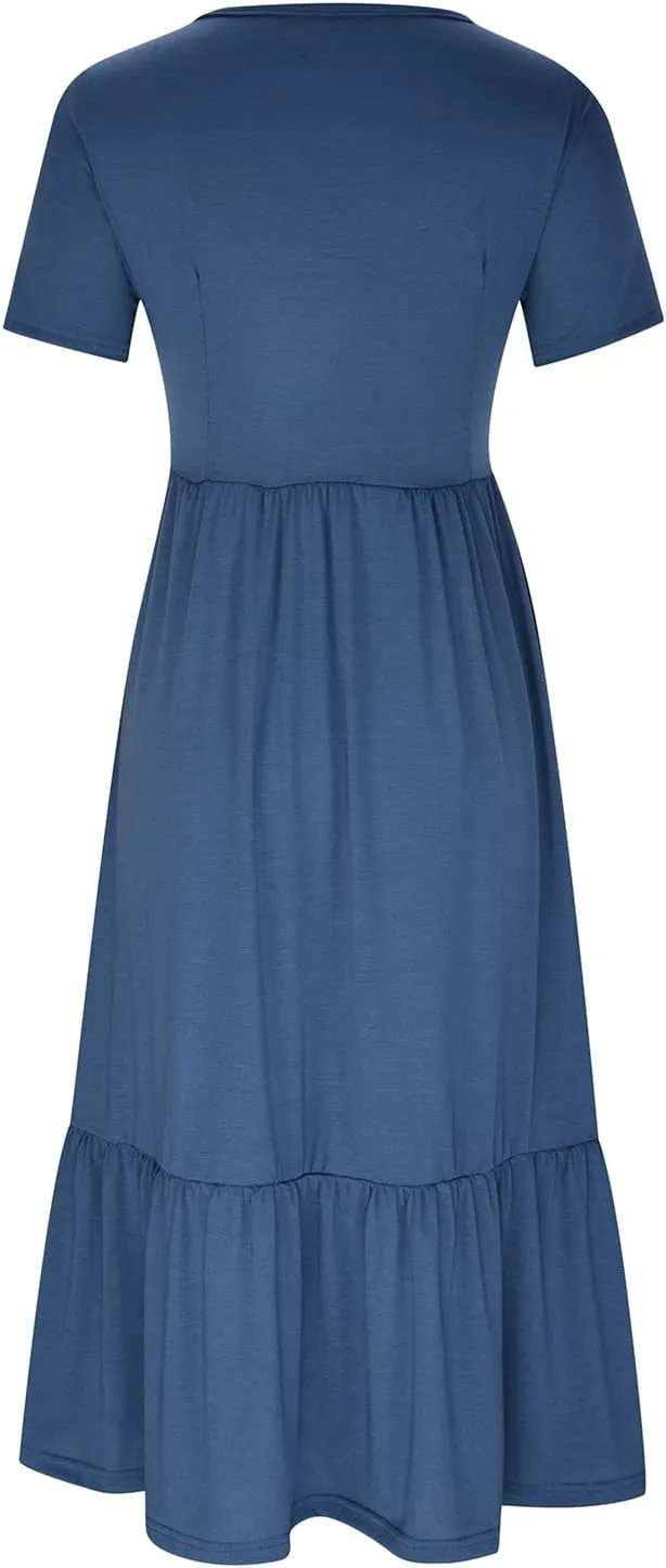 Maxi Dresses for Women 2025 Summer Short Sleeve Crewneck Maxi Dresses Ruffle Tiered Layered Swing Dress Sundress