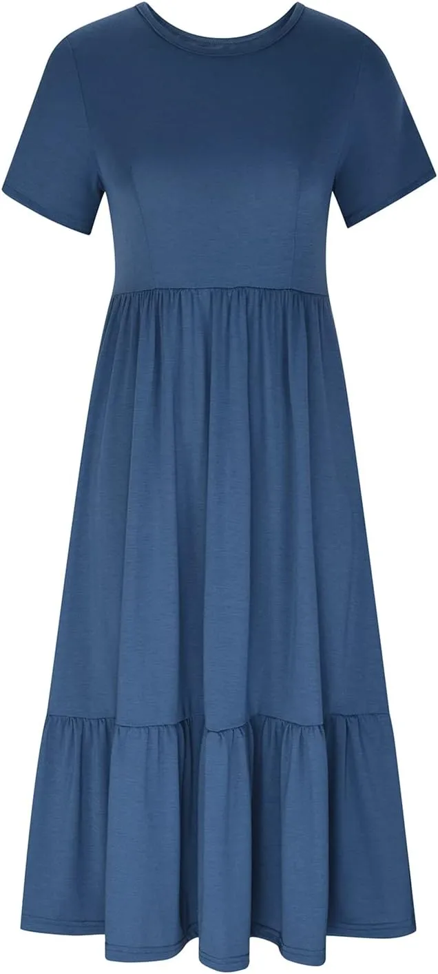 Maxi Dresses for Women 2025 Summer Short Sleeve Crewneck Maxi Dresses Ruffle Tiered Layered Swing Dress Sundress