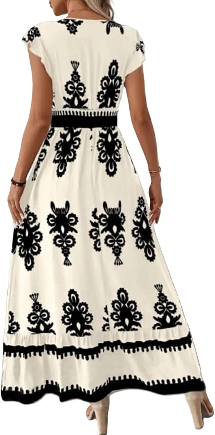 Maxi Dresses for Women Casual V Neck Cap Sleeve Boho Long Dresses Summer Drawstring Waist A-Line Flowy Dress