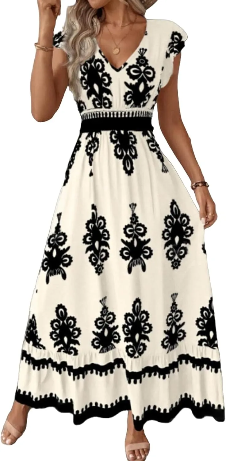 Maxi Dresses for Women Casual V Neck Cap Sleeve Boho Long Dresses Summer Drawstring Waist A-Line Flowy Dress