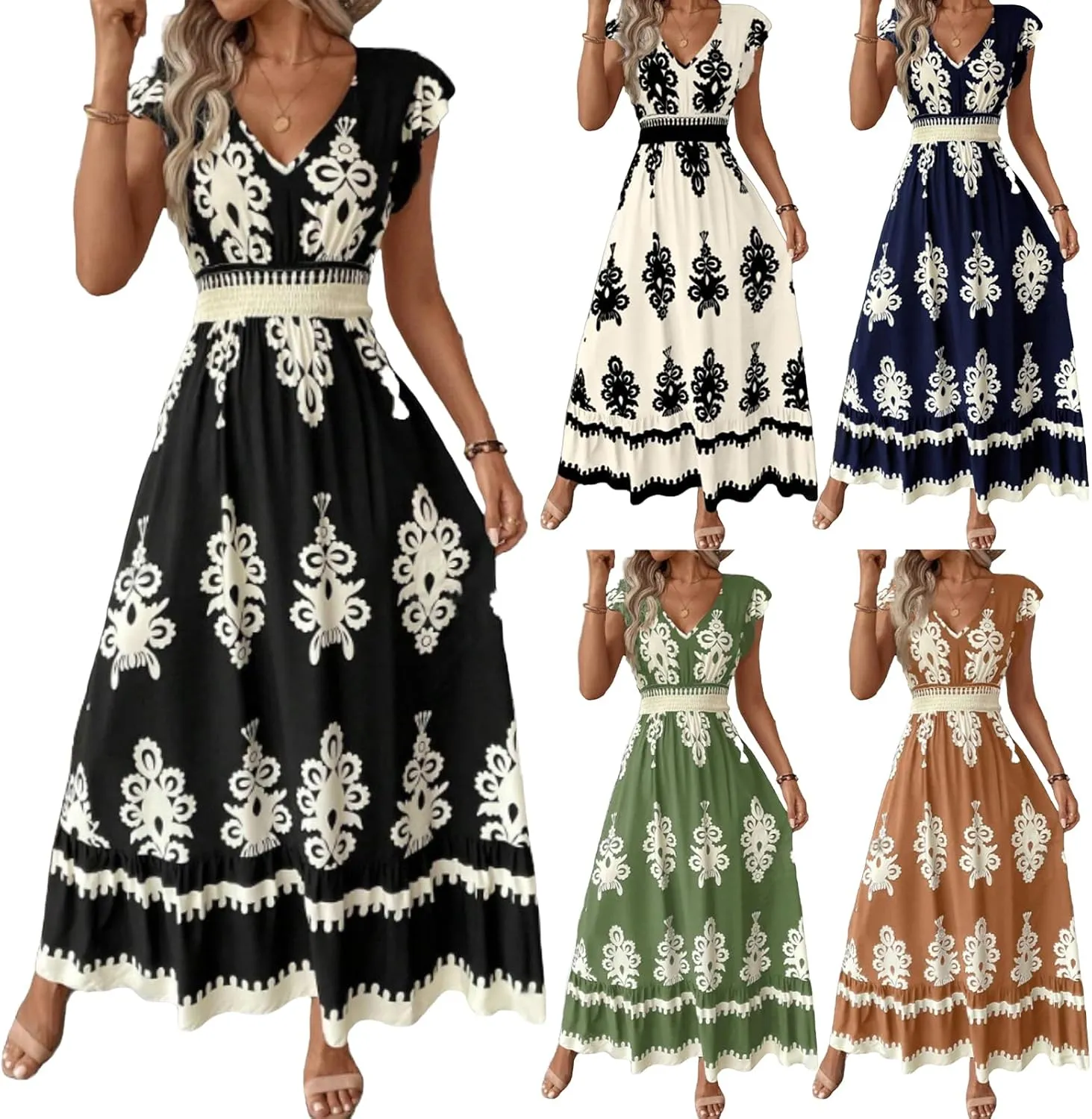 Maxi Dresses for Women Casual V Neck Cap Sleeve Boho Long Dresses Summer Drawstring Waist A-Line Flowy Dress