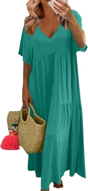 Maxi Linen Dress for Women 2025 Summer Short Sleeve V Neck Cotton Linen Long Flowy Dress Loose Beach Vacation Gauze Dress Floor Length Ruffle Ladies Dress Cozy Sundress for Women 2025