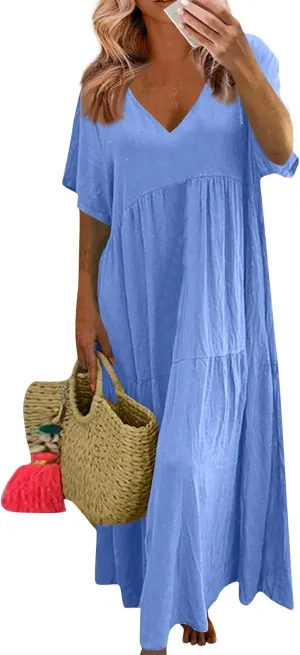 Maxi Linen Dresses for Women 2025 Casual Summer Backless Short Sleeve V Neck Dress Boho Swing Tiered Flowy Long Beach Dress Floor Length Comfy House Dresses Sundresses for Women 2025 Vacation