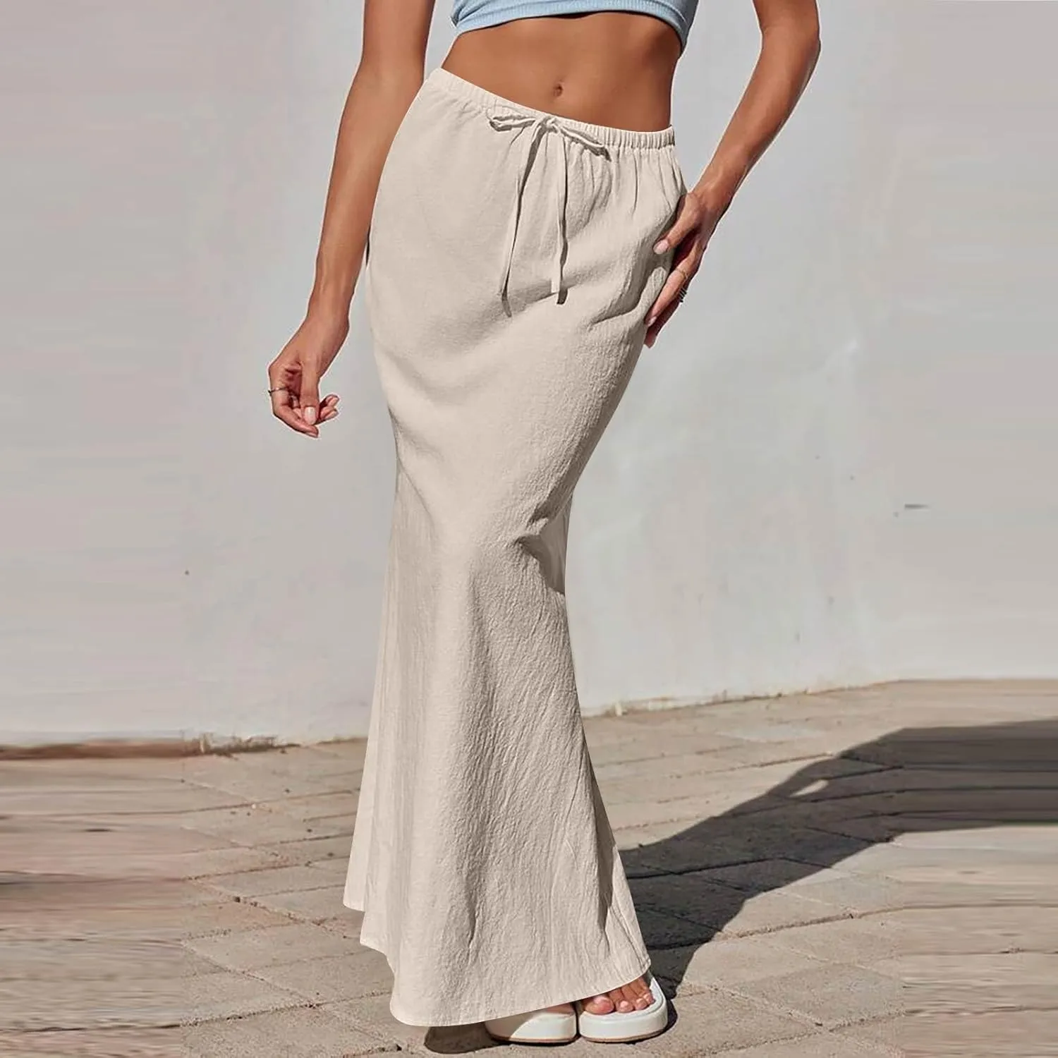 Maxi Skirt Women Trendy Summer Comfy Drawstring Waist Ankle-Length Skirts Cute Flared Maxi Skirt with Back Slit