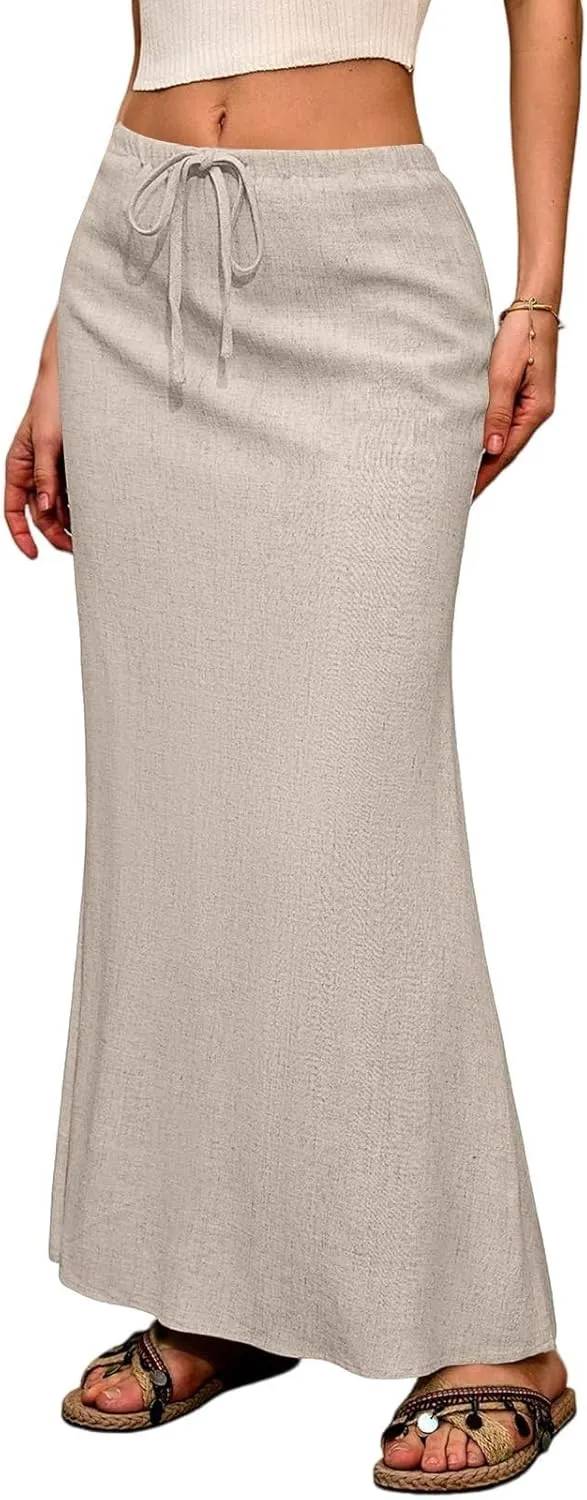 Maxi Skirt Women Trendy Summer Comfy Drawstring Waist Ankle-Length Skirts Cute Flared Maxi Skirt with Back Slit