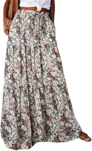 Maxi Skirts for Women 2025 Summer Beach Boho Casual High Waist Tie Paisley Print Tiered Long Skirt with Pockets