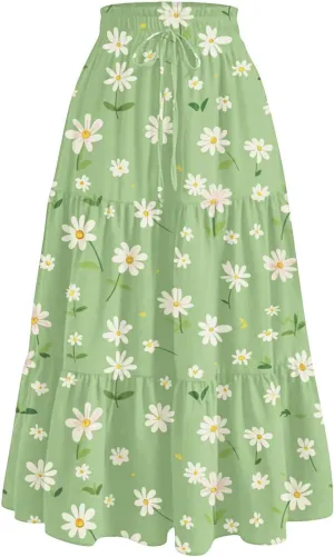 Maxi Skirts for Women 2025 Vintage Printed High Waist Flowy Hem Trendy Skirts Relaxed Beach Vacation Skirt
