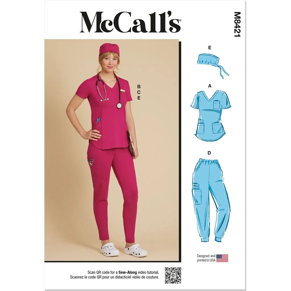McCall's Pattern M8421 Misses' Knit Scrub Tops, Pants, Jogger and Cap
