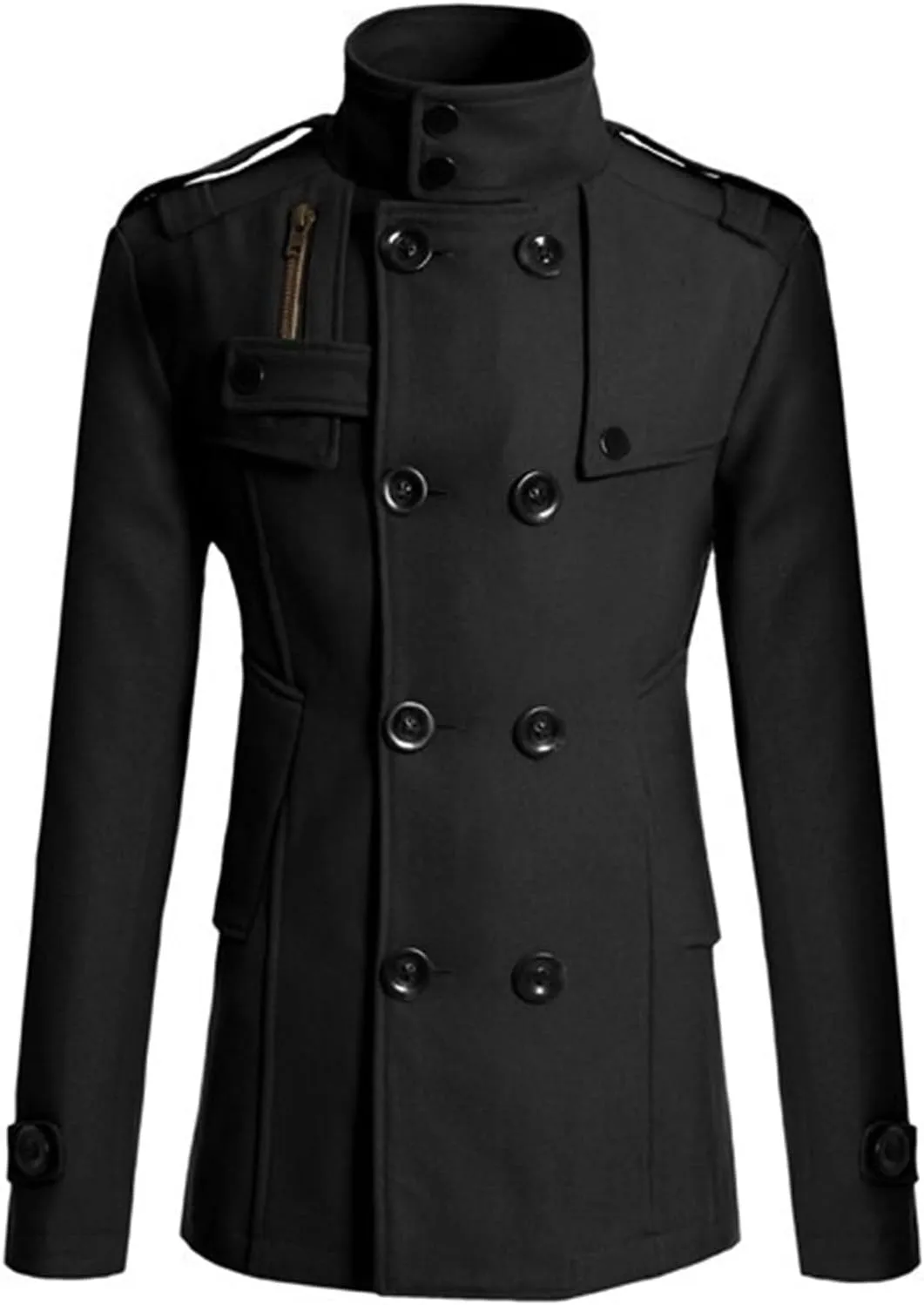 Men's Mid Long Wool Blend Peacoat Notched Lapel Double Breasted Solid Stand Collar Overcoat Trench Coat with Pockets