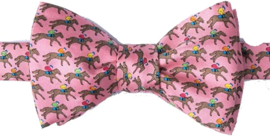 Men's Pink Equestrian Win Place Show Horse Racing 100% Silk Self Tie Bowtie Bow Tie
