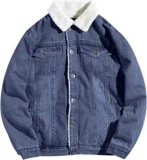 Mens Sherpa Fleece Lined Jacket Chunky Jean Coat Denim Trucker Jacket Lapel Neck Warm Fall Winter Coat Windbreaker
