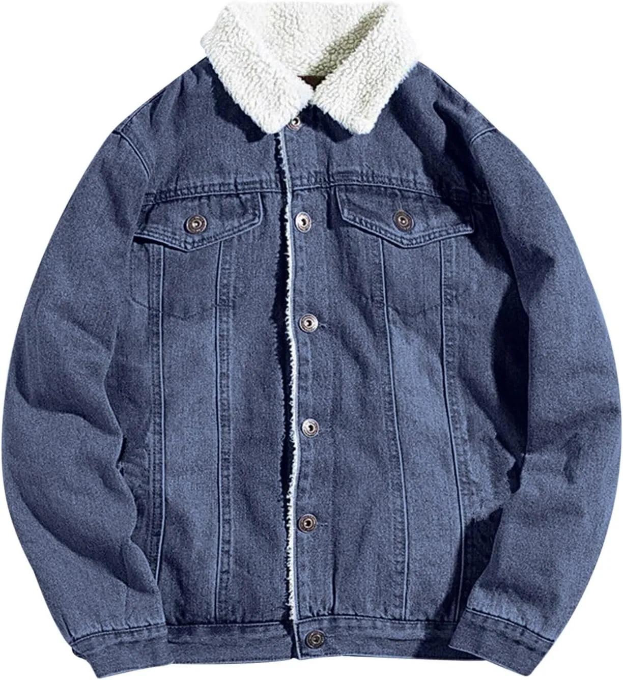 Mens Sherpa Fleece Lined Jacket Chunky Jean Coat Denim Trucker Jacket Lapel Neck Warm Fall Winter Coat Windbreaker