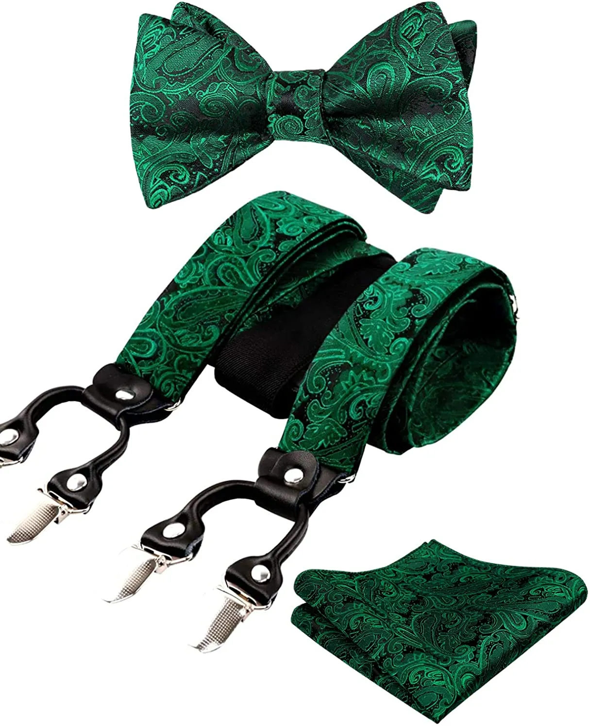 Men's Silver Paisley Untied Bow Tie with Pocket Square and Clip Suspenders