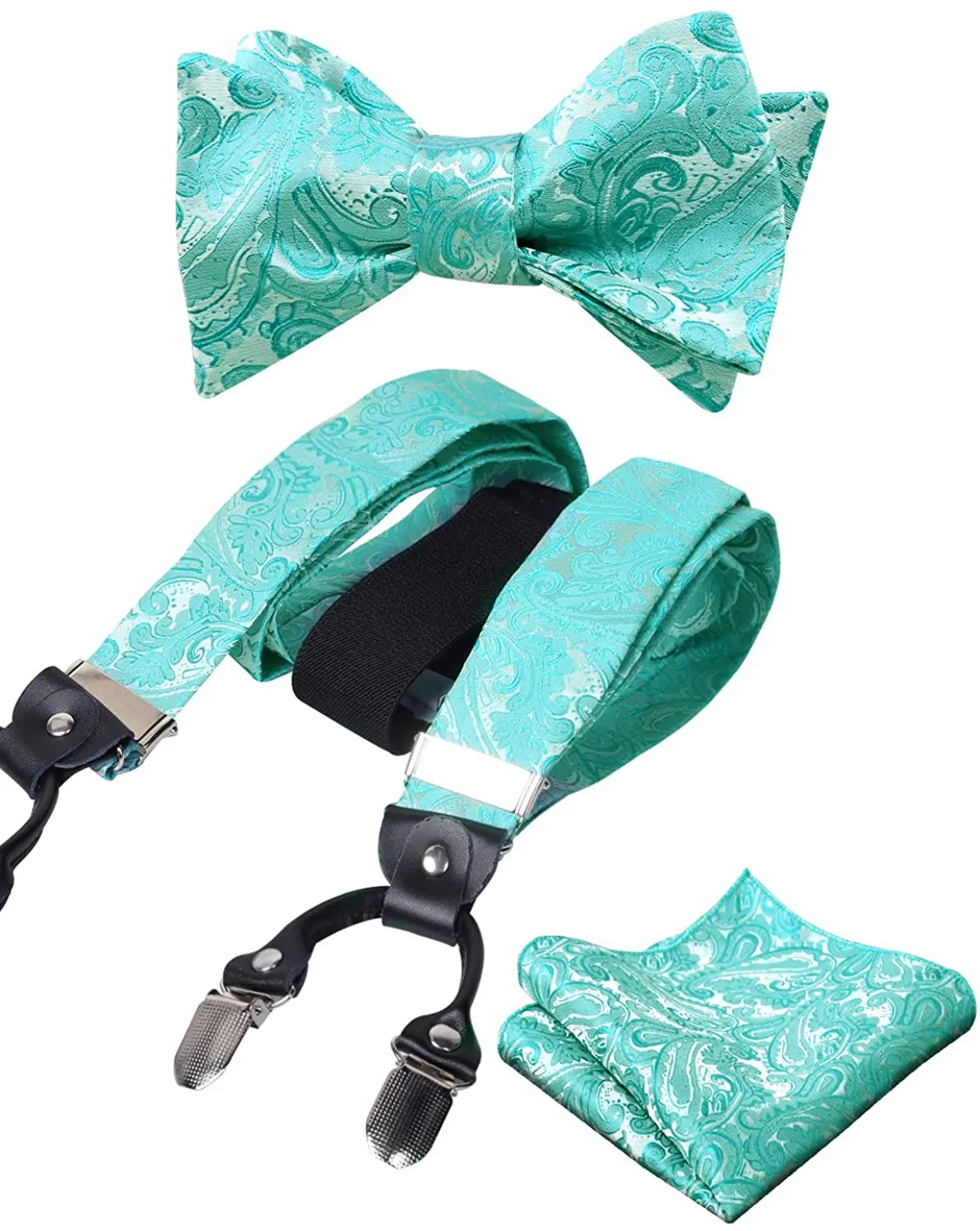 Men's Silver Paisley Untied Bow Tie with Pocket Square and Clip Suspenders