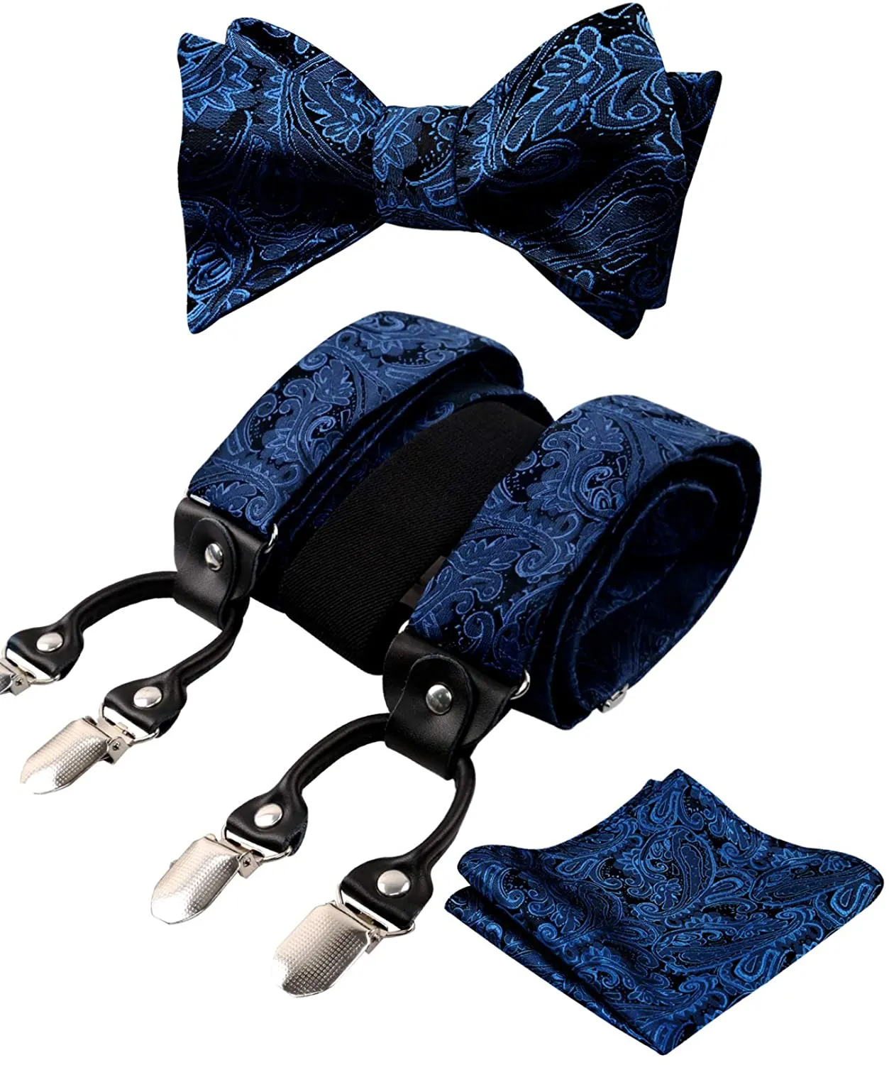 Men's Silver Paisley Untied Bow Tie with Pocket Square and Clip Suspenders