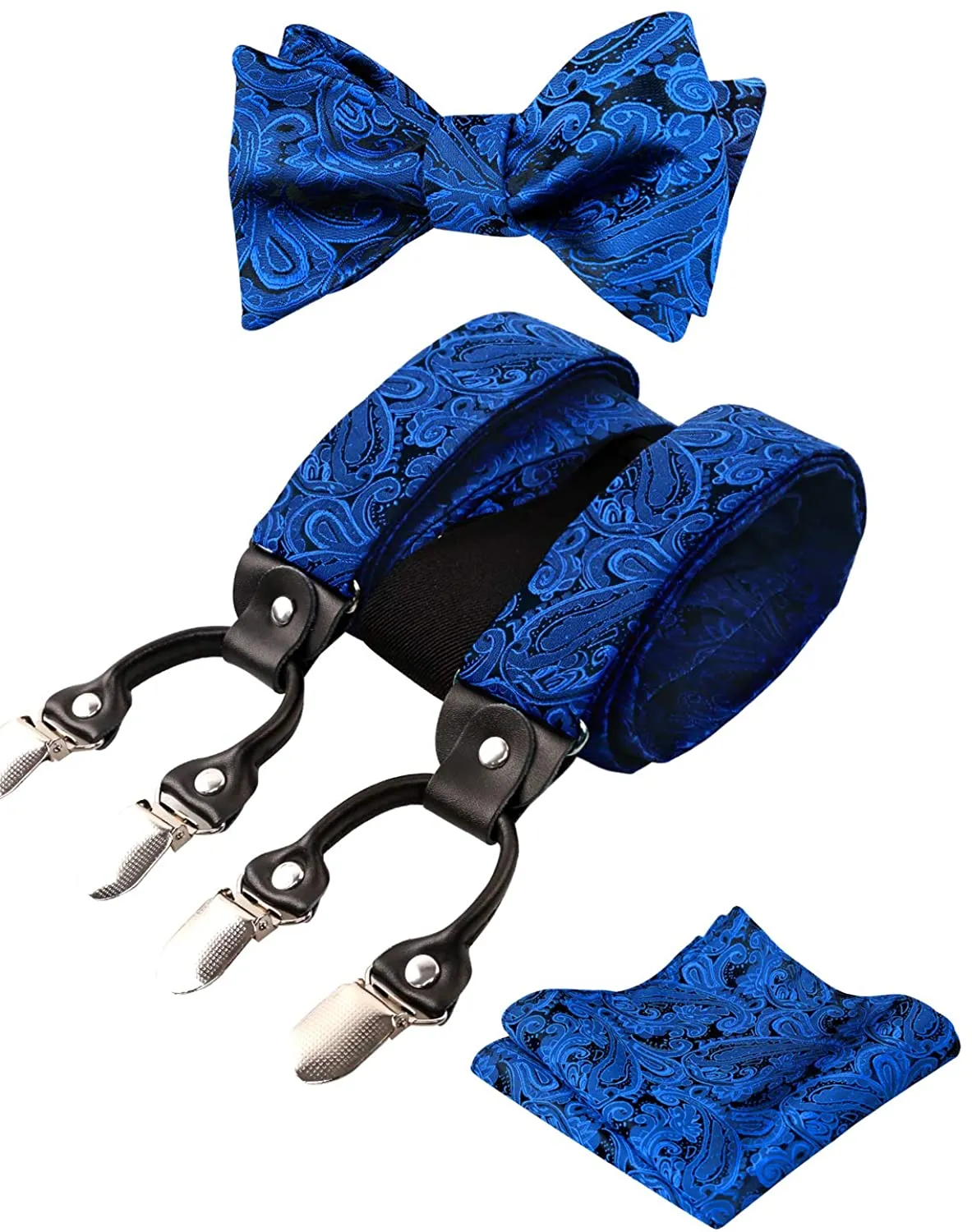 Men's Silver Paisley Untied Bow Tie with Pocket Square and Clip Suspenders