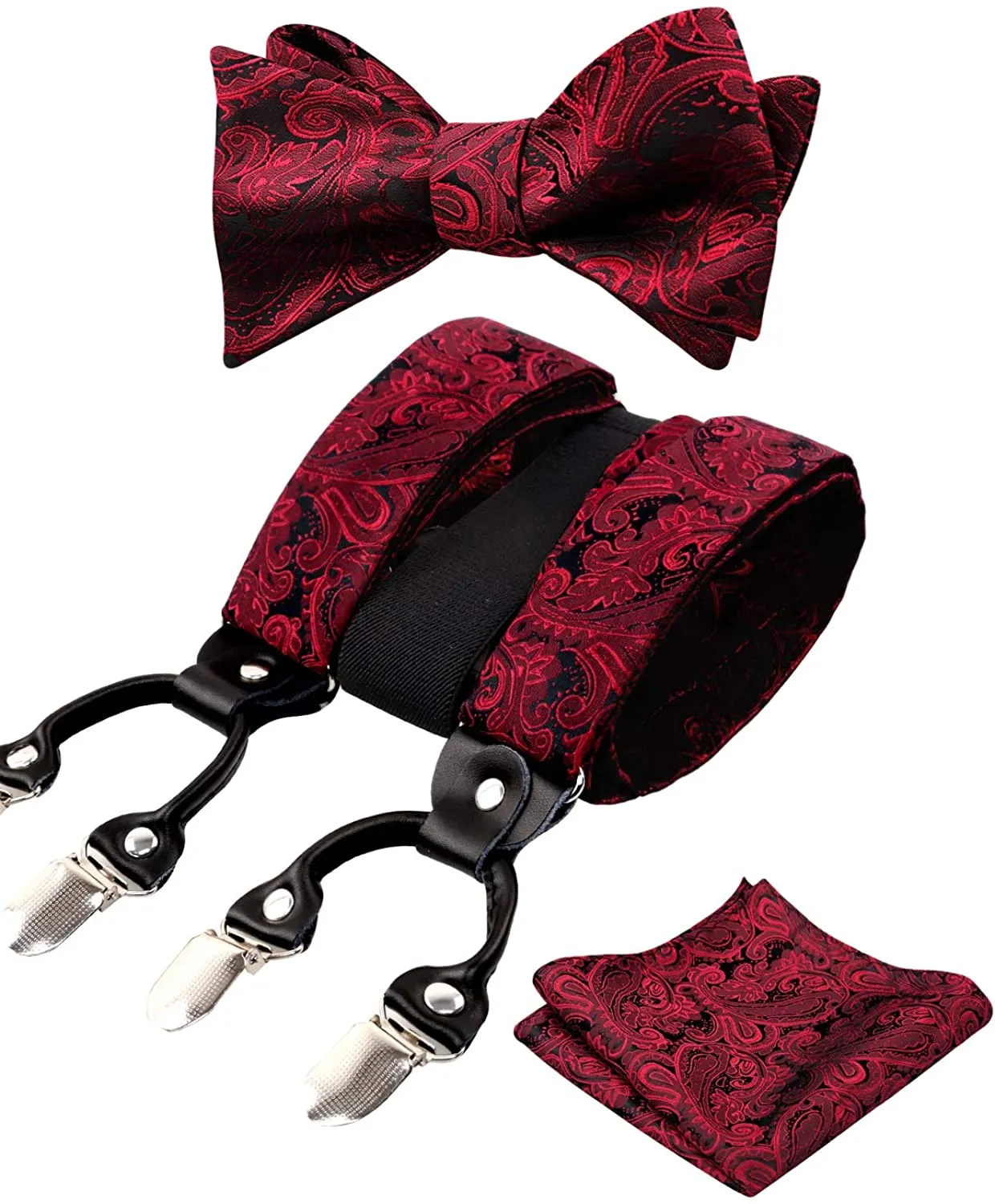 Men's Silver Paisley Untied Bow Tie with Pocket Square and Clip Suspenders