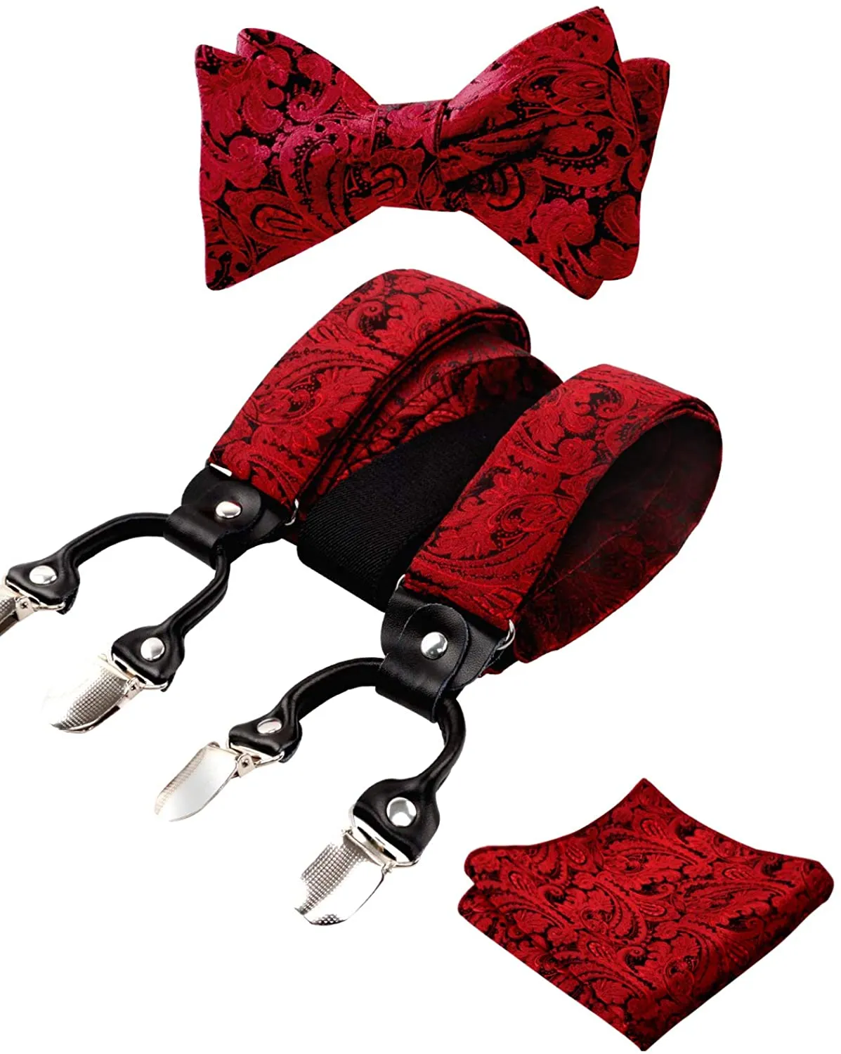 Men's Silver Paisley Untied Bow Tie with Pocket Square and Clip Suspenders