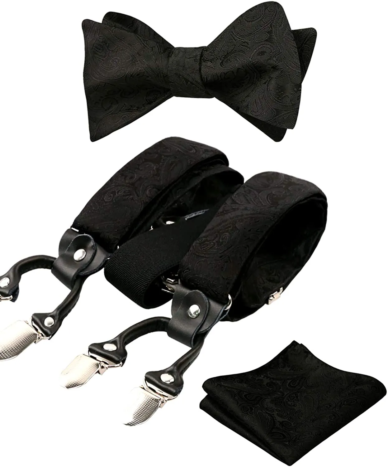 Men's Silver Paisley Untied Bow Tie with Pocket Square and Clip Suspenders