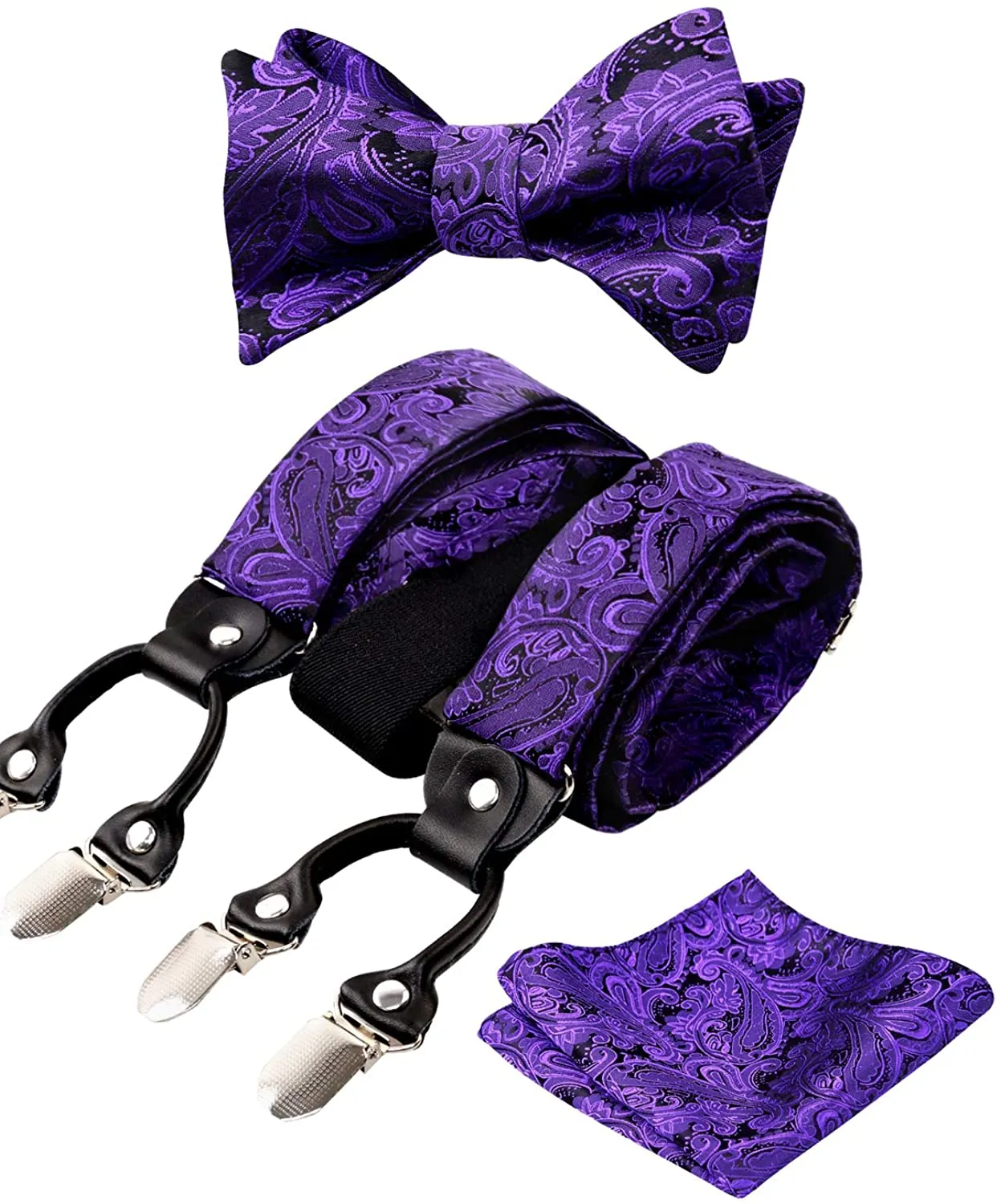 Men's Silver Paisley Untied Bow Tie with Pocket Square and Clip Suspenders