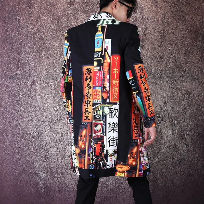 Men's Slim Fit Long Blazer With Print