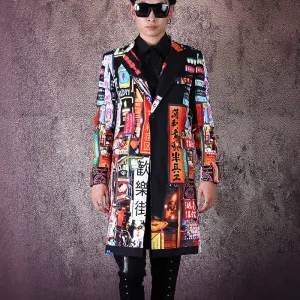 Men's Slim Fit Long Blazer With Print