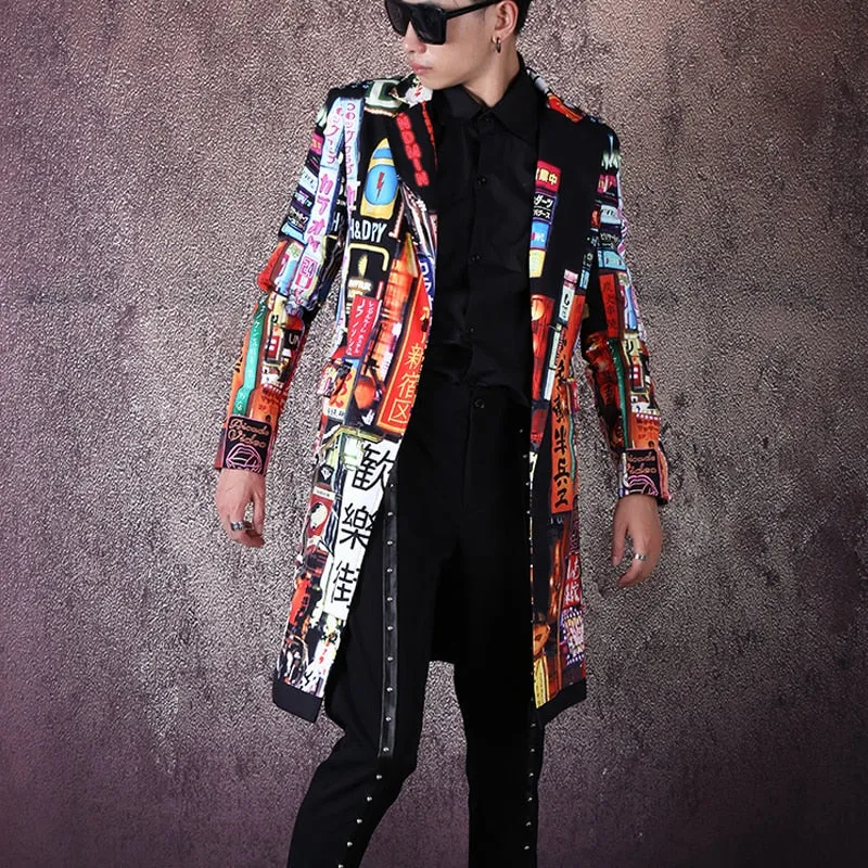Men's Slim Fit Long Blazer With Print