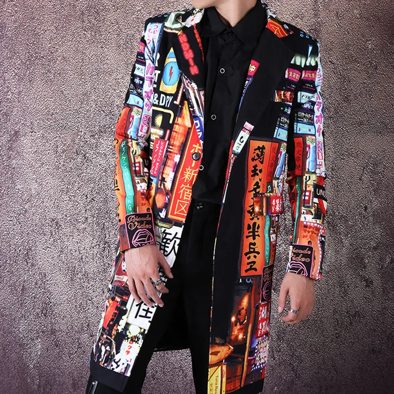 Men's Slim Fit Long Blazer With Print