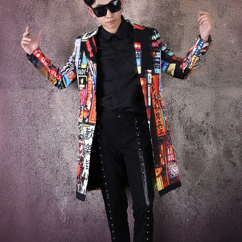 Men's Slim Fit Long Blazer With Print