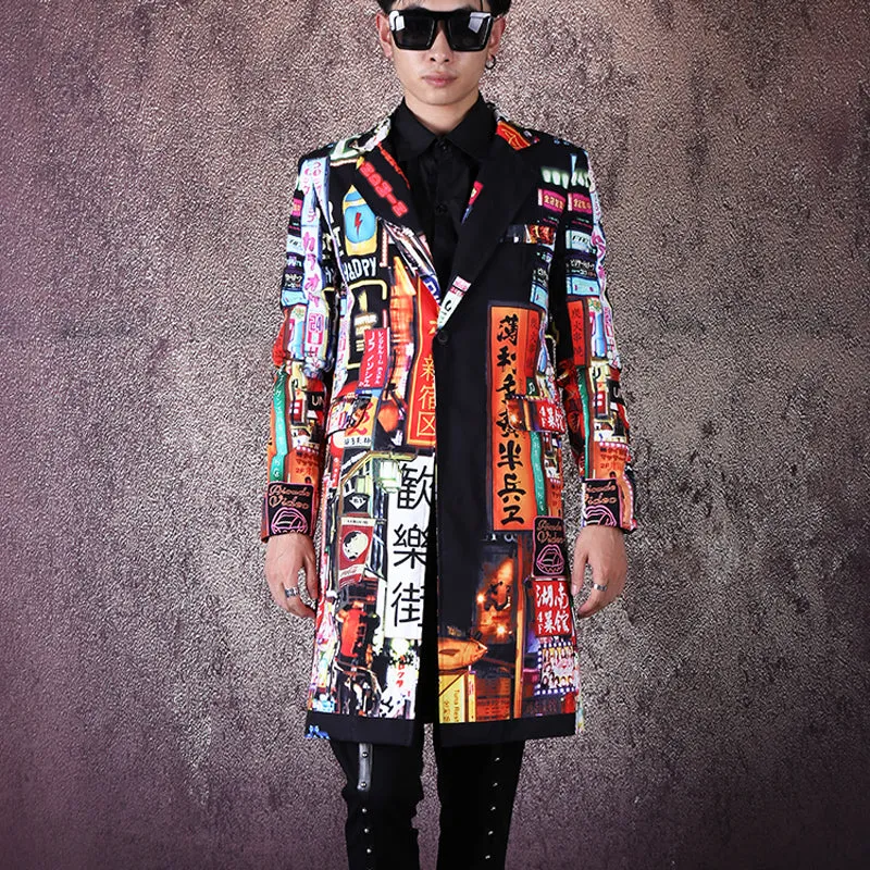 Men's Slim Fit Long Blazer With Print